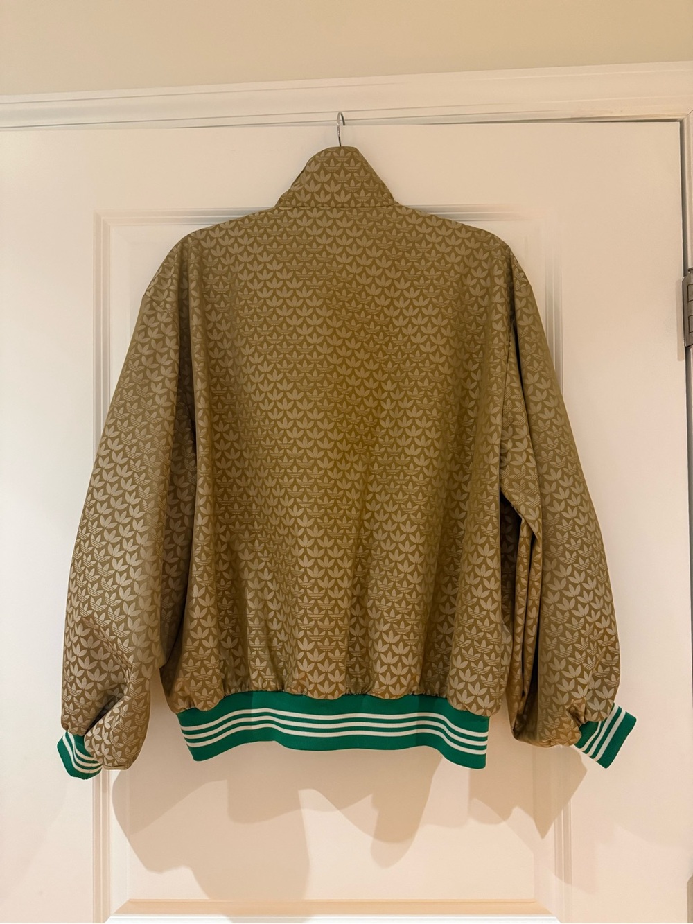 adidas Tan Patterned Bomber Pullover with Green Stripe Cuffs - Picture 3 of 4